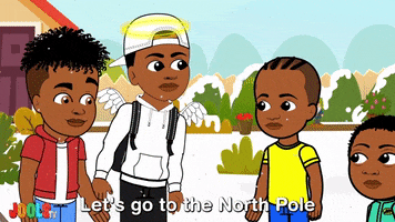 Cartoon gif. JJ, Jaxon, Jett, and Jhy from Jools TV are all standing under snowfall and they make a plan together. Jaxon says, "Let's go to the North Pole and ask Santa."