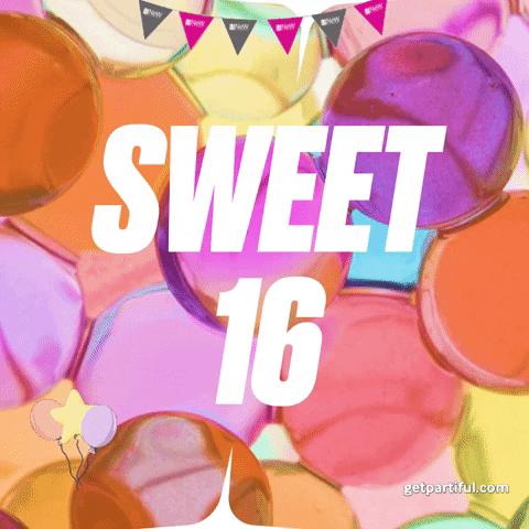 Přání k 16. narozeninám ve formě gifu s nápisem "Sweet 16" na pozadí barevných balónků.