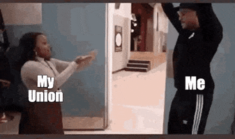Abbott Elementary gif. Quinta Brunson as Janine Teagues dances happily and pretends to throw cash at Zack Fox's Tariq Temple, who is also grooving along. Brunson is labeled "My union," the fake cash is labeled "Benefits," and Fox is labeled "Me."