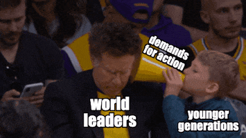 Celebrity gif. Will Ferrell, labeled “world leaders,” sits at a basketball game as his child, labeled “younger generations” holds a yellow plastic megaphone labeled “demands for actions” against Will’s head and says something into it. Will brushed odd the megaphone in annoyance and says, “No.”