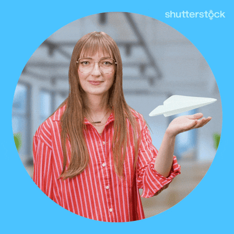 Sponsored gif. Woman holds one hand palm side up while a paper airplane floats over it. She blows air at the airplane and it suddenly takes off through the air. Text reads, “Send it.”