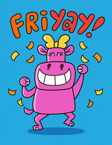 Illustrated gif. A little pink hippo jumps up and down while punching each fist into the air. Confetti flies around it and the text says, "Friyay!"