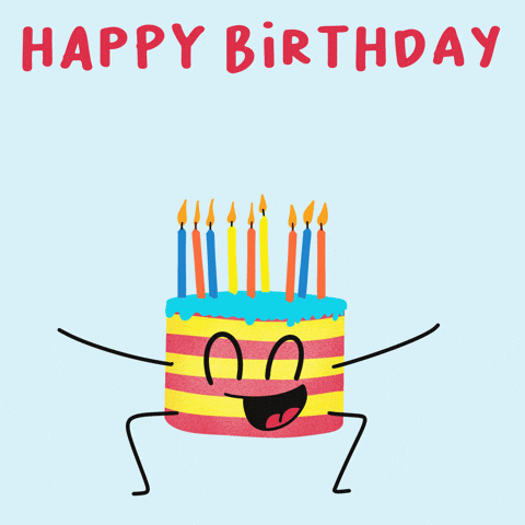 Digital art gif. A colorful anthropomorphized cake with arms and legs and a grinning face bounces up and down below text that reads, "Happy Birthday!"