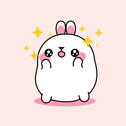 Cartoon gif. A round white bunny resembling Molang puts its paws to its cheeks in wide-eyed wonder, complete with sparkles.