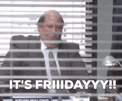 The Office gif. Brian Baumgartner as Kevin Malone is seen through the blinds of an office window. He's spinning around in an office chair gleefully. Text, "It's Friiidaaay!!!"