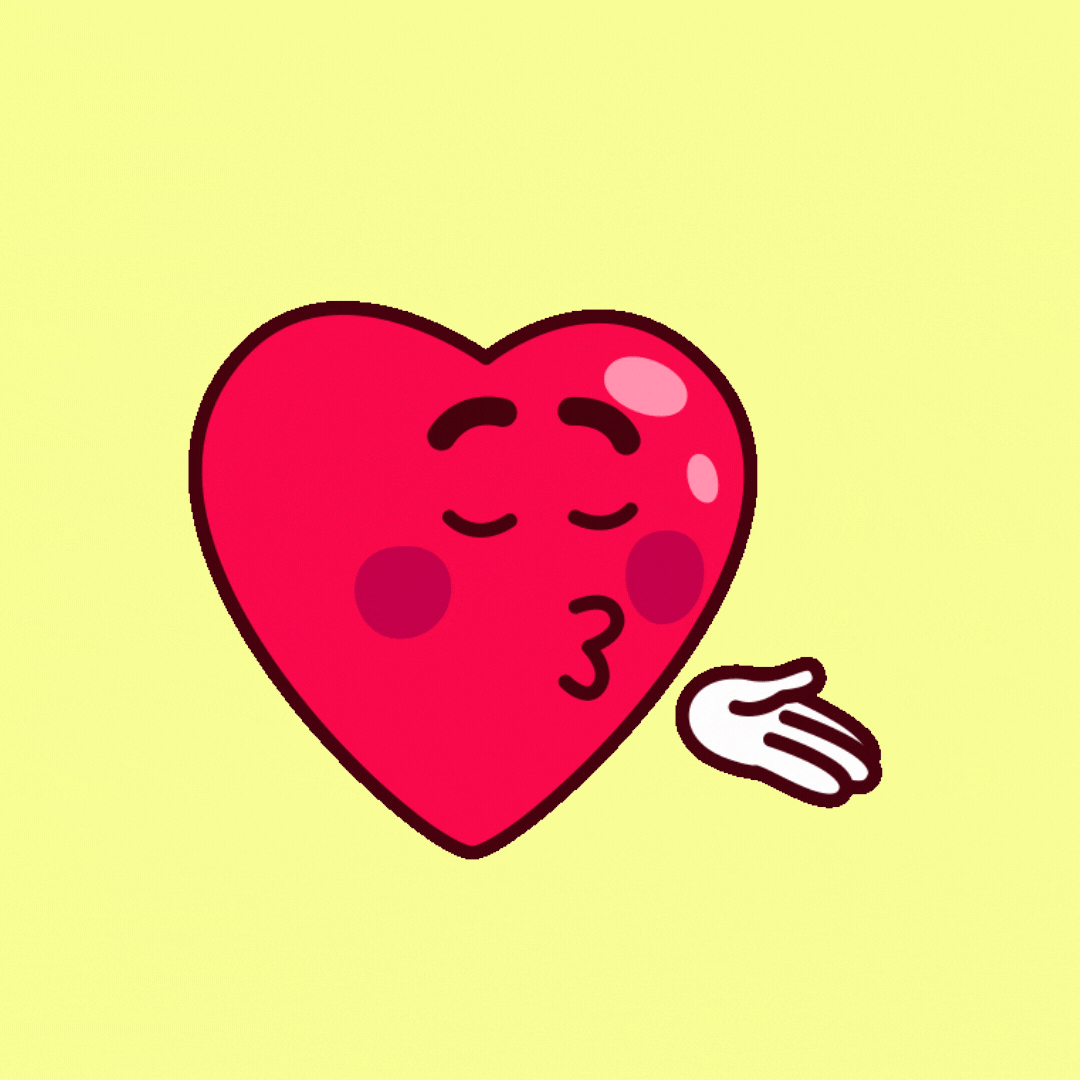Cartoon gif. Against a yellow background, a shiny red heart with a face blows a kiss with a white gloved hand. A heart appears in the air, serving as the kiss.