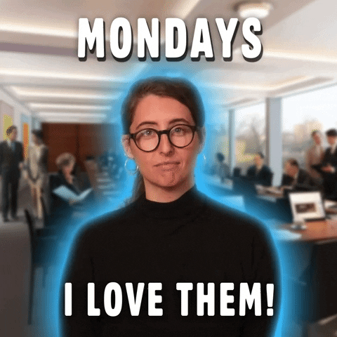 Video gif. Woman glowing blue against a stock image of an office smiles at us and mouths, "Mondays, I love them!" which appears as text.