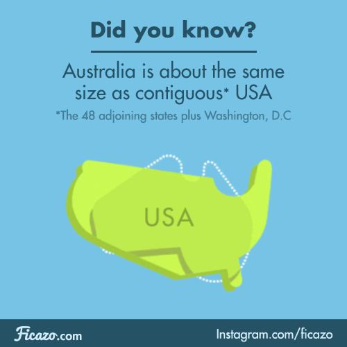 Text gif. Text reads, "Did you know? Australia is about the same size as the contiguous* USA. The 48 adjoining states plus Washington D.C." The US is outlined on the bottom in green.
