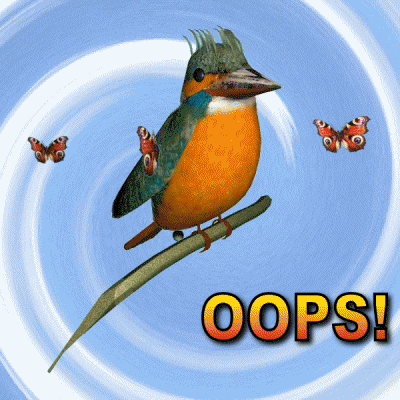 Digital Art gif. Kingfisher bird perches on a branch and turns it head from side to side while pellets fall intermittently from its tail and butterflies flutter in circles around it. Text, "Oops!"