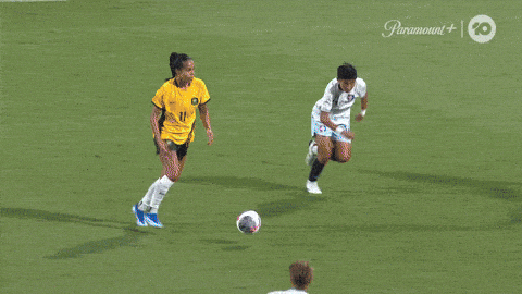 Gif of women's football game with player kicking the ball into the back of the goal