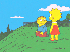 The Simpsons gif. Ralph sitting on his knees on a hill, starts to roll down the hill, as Lisa looks on.