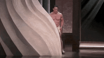 Oscars 2024 GIF. John Cena reluctantly shuffles out from behind a wall on stage at the Oscars and he's completely nude, save for some sandals and the Oscar winner envelope covering his precious parts. He shuffles out horizontally, carefully taking small steps, trying to avoid any accidental peeks. 
