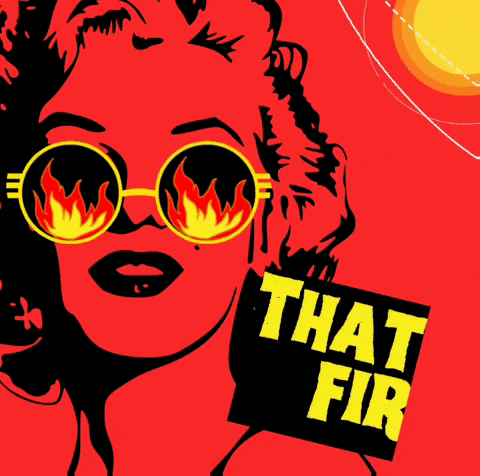 Digital art gif. An outline of Marilyn Monroe with sunglasses that have crackling fire in the lens and a warping sun in the corner. Text, "That's fire."