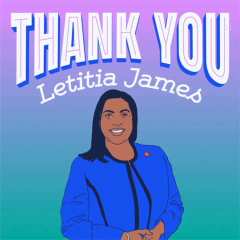 Digital art gif. Illustration of a smiling Letitia James in a blue suit against a purple and green ombre background with text above that reads, “Thank you Letitia James.”