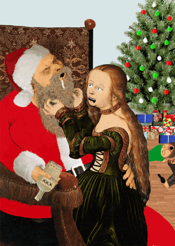 Digital art gif. Woman is on Santa Claus's lap and she's trying to get something out of his beard. His face is contorted in pain as he smokes a cigarette and an empty liquor bottle is in his hand.