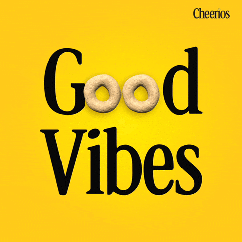 Sponsored gif. The words "Good vibes" in black letters on a yellow background. The two o's in the word good are both Cheerios, which dance back and forth. The Cheerios logo is in the upper right. 