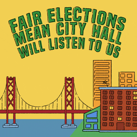 Digital art gif. Moving animated scene that takes us from the Golden Gate Bridge through buildings of the Bay area, with animated lightbulbs bouncing around, ending at Oakland City Hall. Text, "Fair elections mean City Hall will listen to us."