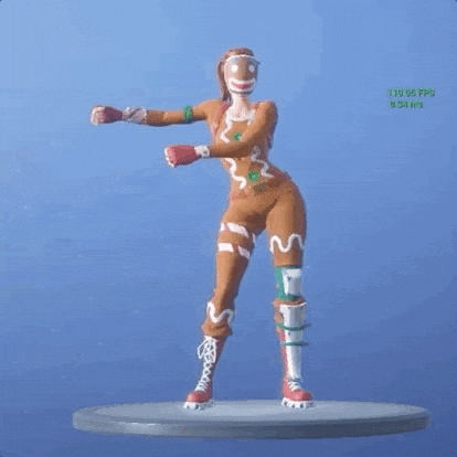 Video game gif. Fortnite avatar with the Ginger Gunner skin does the Floss dance while in the customization menu.