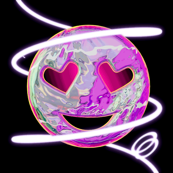 Emoji gif. Heart-eyes emoji overlaid with a shiny, watery pink-and-silver texture; glowing white spirals surround it and ascend.
