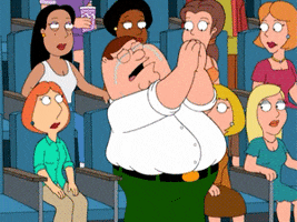 Cartoon gif. Peter Griffin from Family Guy stands up in an audience and tears stream down his face as he claps. Everyone around him stares at him in shock but he is undeterred in his emotions.
