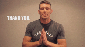 Video gif. Stephen Thompson of the UFC holds his palms together at his chest and bows as he says, "Thank you."