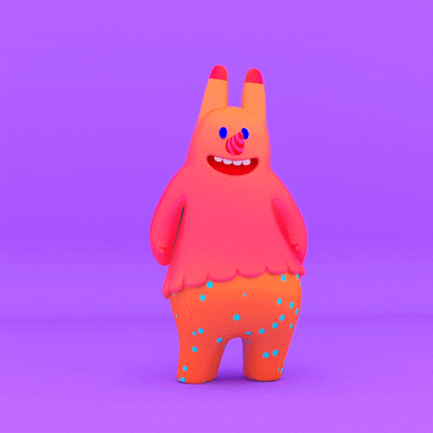 Digital art gif. A 3D pink and purple character with long ears, spiral nose, and a wide, polka dot tummy grin at us and lean in to give a little wave.
