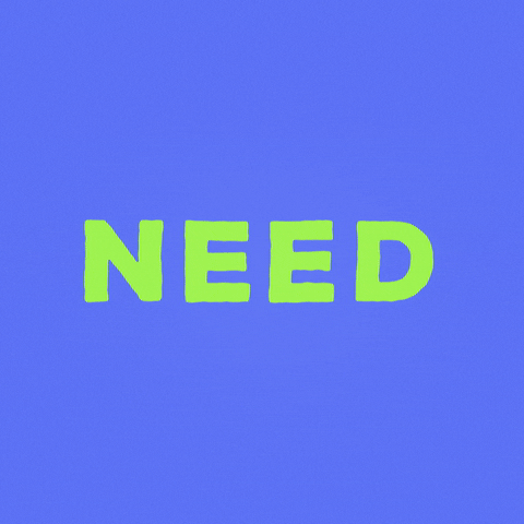 Text gif. The text, "Need. Food." bounce in the middle of the screen, first with green font then yellow font.