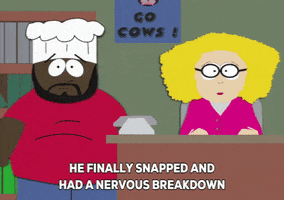South Park gif. Principal Victoria sits at her desk to inform us, saying, "He finally snapped and had a nervous breakdown and went up to the mountains to live in solitude." Chef waits patiently for her to finish speaking before continuing, "Some say that on cold nights you can still hear him moaning, 'I'm not gay, I'm not gay.'" Someone in the distance yells, "I'm not gay!"