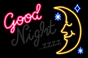Text gif. The words "good night...zzzz" flash on and off in the style of a neon sign, accompanied by an equally neon crescent moon with a face. 