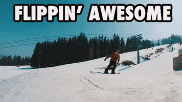Sports gif. On a snowy mountain, a snowboarder expertly completes a backflip, landing perfectly and continuing down the slope. Text, “Flippin’ Awesome.”