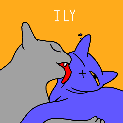 Illustrated gif. Two cats are cuddled up and one is aggressively licking the other. The cat that's being licked is tolerating it, allowing their face to be licked to smithereens by their passionate friend. Text, "ILY."