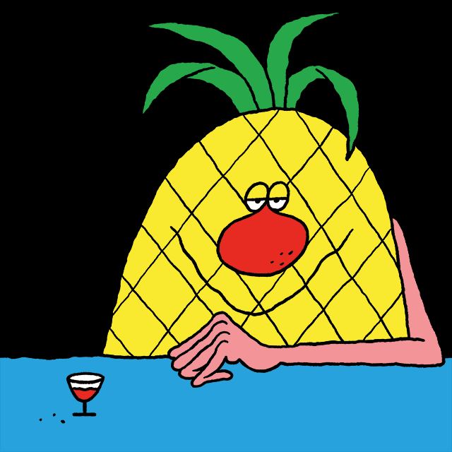 Digital art gif. A person with a pineapple for a head is sitting at a table with wine with a smirk on their face. They raise one hand up and raise each finger up one at a time before lowering each finger the same way.