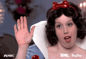 SNL gif. Vanessa Bayer dressed as Snow White has her mouth open lazily, holding her hand up for a hive five that's returned by several small fake hands. 