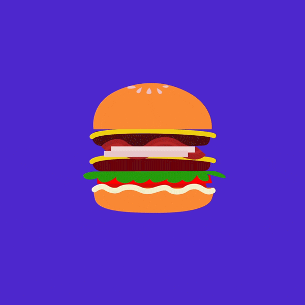 Digital art gif. Different layers of a bacon cheeseburger fly down and land on top of each other to form the perfect burger. The burger then slides off. 