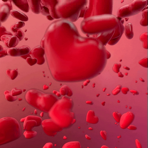 Digital art gif. Thousands of shiny, red 3D hearts that look like hard candies fall down into a red background. 