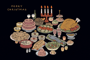 Illustrated gif. A Christmas feast, with bread, turkey, mashed potatoes, tamales, Jell-o, cake, and more. Text, "Merry Christmas."