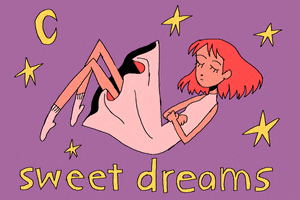 Illustrated gif. Orange-haired girl wearing a flowy dress and socks reclines while floating slowly up and down in a lavender sky with yellow stars and moon. Text, "Sweet dreams."