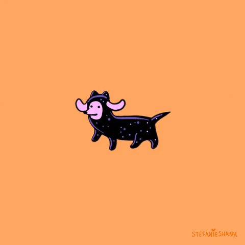 Illustrated gif. Pink Dachshund wearing a black cat costume struts in place as its ears swing from side to side.