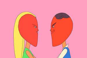 Illustrated gif. A man and a woman have faces that make up two halves of a heart. They come in for a kiss and a full heart appears, filling up. Text, "Happy Anniversary!"