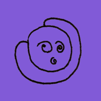 Digital art gif. Against a blue background, a simple line drawing of a loopy face made out of swirls wiggles around, confused.