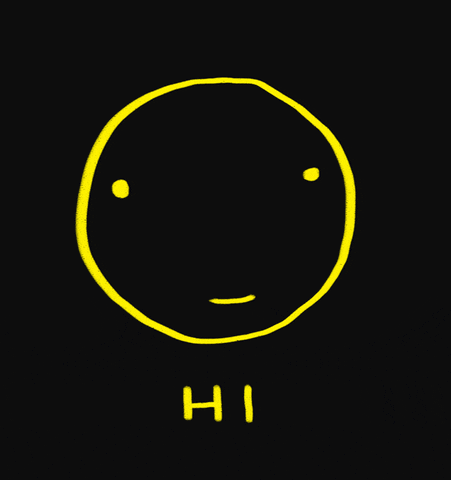 Illustrated gif. Minimalist yellow-lined face on a black background creeps from a small smile to a big smile. Text, "Hi."