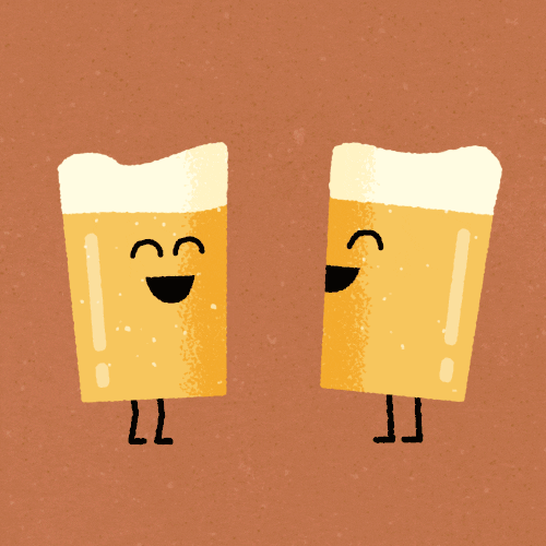 Digital art gif. Two foaming beer glasses smile and laugh as they lean forward and tap each other giving a cheers. 