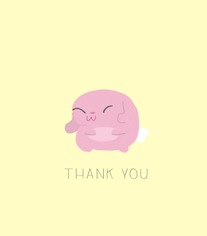 Illustrated gif. A pink bunny with big eyes jumps up and down in excitement. Text, “Thank you.”