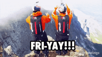 Ad gif. Two people in Red Bull branded gear stand at the edge of a cliff, swinging their arms up, about to jump. Text, "Fri-Yay!"