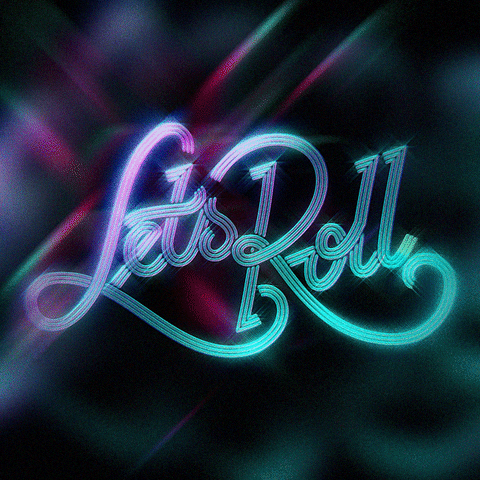 Text gif. Shining, loopy script unfurls to read "let's roll" over a black background and swirling iridescent purple and green light. Rainbow lens flare shines off of the text.