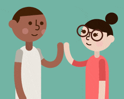 Digital art gif. Two friends stare at each other and give each other a light high five, with a small smile on their face.