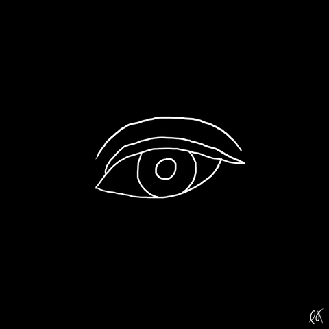 Digital art gif. Against a black background, a simple white line drawing of an eye blinks slowly.