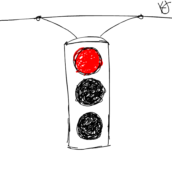 Cartoon gif. A squiggly line drawing animation of a traffic light turning red. We cut to a goblin-like man speeding up then angrily coming to a stop. The traffic light turns green, and the goblin smiles and speeds away.