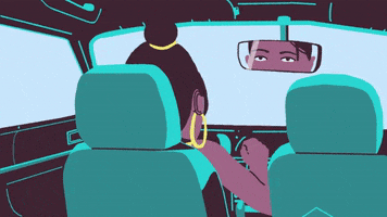 Illustrated gif. A woman examines her face in a rearview mirror and tucks her hair behind her ear, then pushes the mirror slightly to the side, revealing a man sitting in the backseat.
