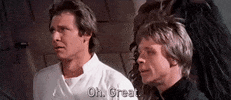 Star Wars gif. From Return of the Jedi, Han Solo grimaces, scoffing "Oh, great."